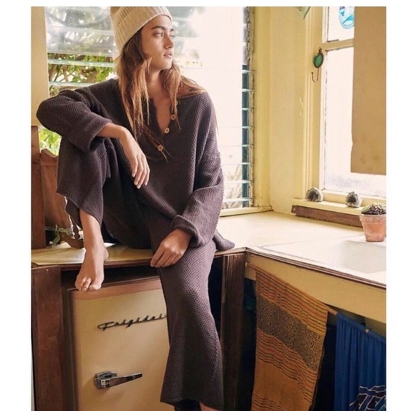 Free People Pants - Free Peopl Hailee Sweater Set Waffle Knit  XS Cozy Henley Wide Leg Pant Beach
